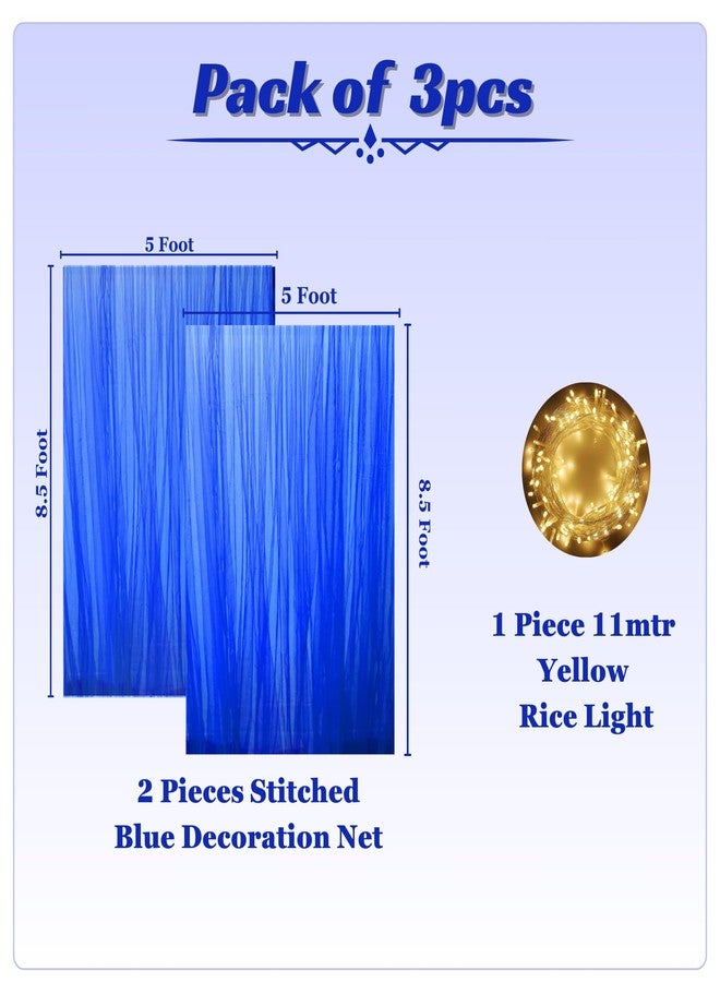 1iAM 3pcs Blue Decoration Net Light Combo - 2pcs Large, Stitched with Ribbon, Nylon Made, Reusable, Soft, Wrinkled Free, 8.5x5ft Each, Backdrop Net Curtains & 1pc 11m Long Rice Light for Party - Image 2